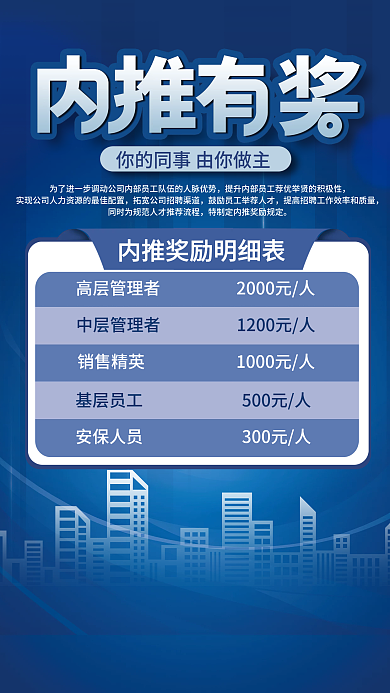 蓝色商务科技风内推奖励活动公示招聘海报