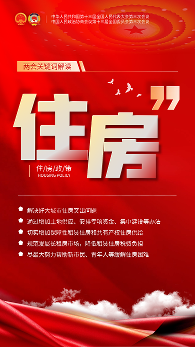 两会关键词解读红色质感手机海报