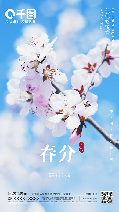春分春天节气海报樱花三月春季花卉