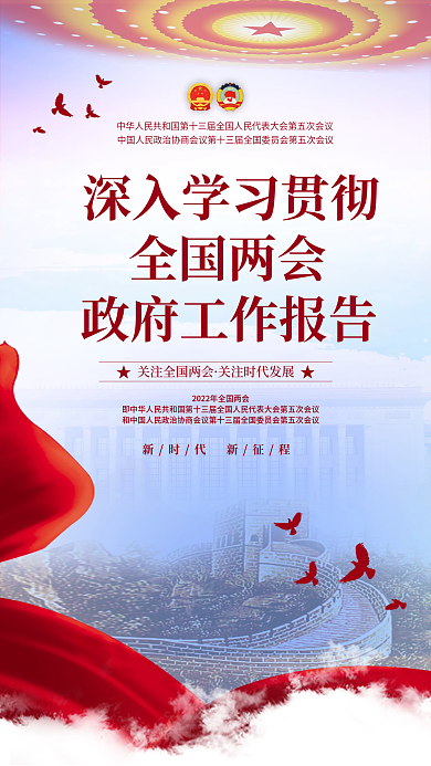 学习贯彻两会工作报告红色手机海报