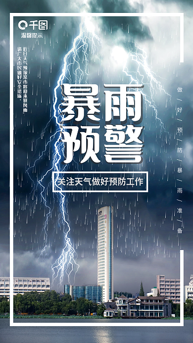 暴雨预警气象天气预防措施简约宣传商业海报