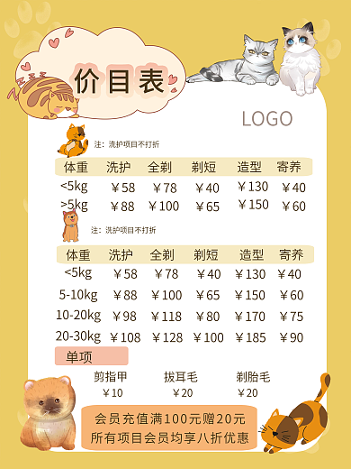 宠物店服务价目表