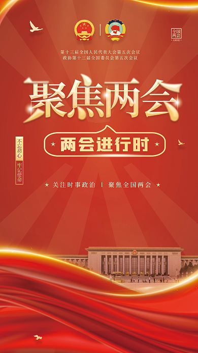 红色简约2022全国两会工作报告宣传海报