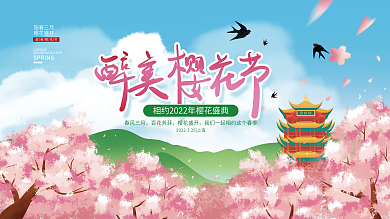 手绘小清新春季樱花节插画展板