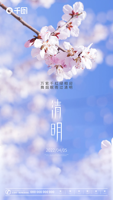 中国风留白清明节春暖花开节气手机海报