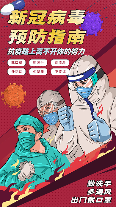 新冠病毒预防指南插画漫画风手机海报