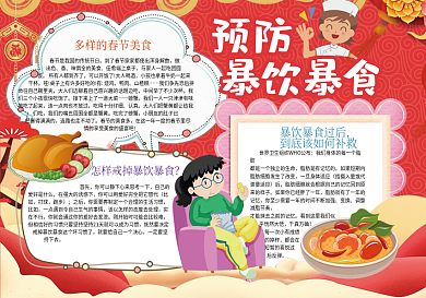 红色卡通预防暴饮暴食春节美食小报