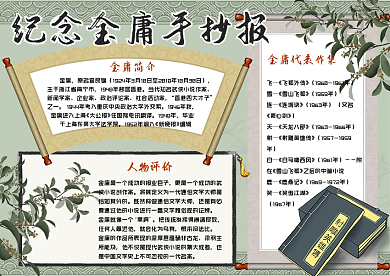 复古中国风纪念金庸校园学生小报手抄报电子模板