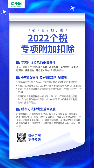 2022个税专项附加扣除解读蓝色手机海报