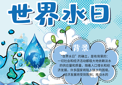 蓝色手绘插画小报世界水日小报环保小报