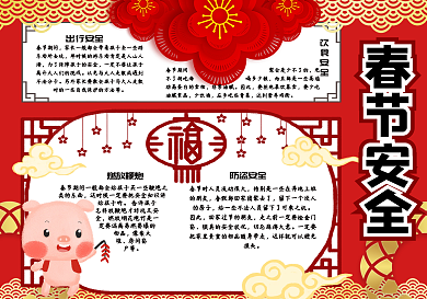 红色卡通简约学生春节安全手抄报小报电子模板