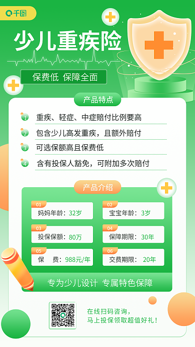 少儿重疾险保险险种介绍扁平风手机海报