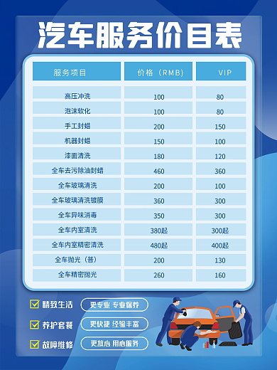简约汽车服务价目表海报