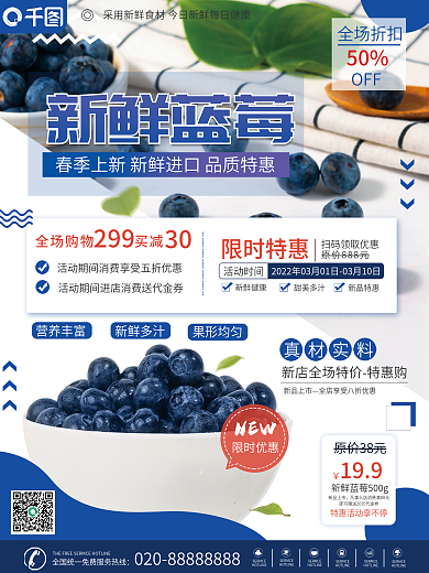 水果蓝莓春季上新促销海报
