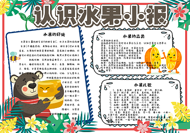 卡通清新认识水果学生手抄报小报电子模板