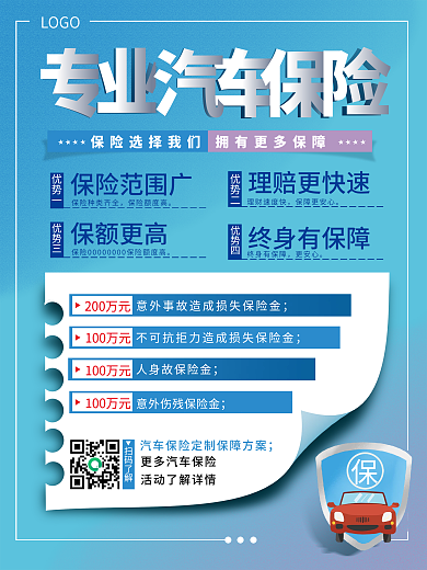 蓝色商业汽车保险海报