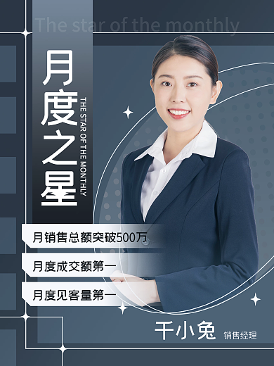 蓝灰商务风月度之星人物企业文化海报