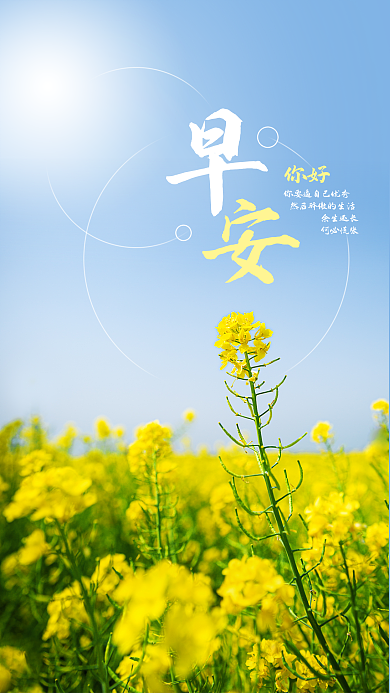 早安你好春天油菜花太阳励志正能量手机海报