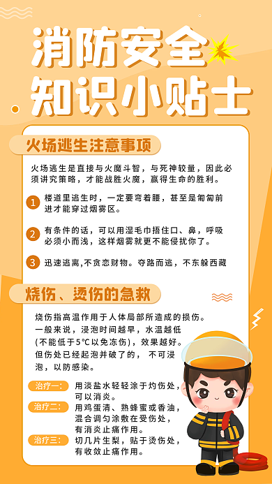 烫伤急救火灾逃生消防安全知识科普手机海报
