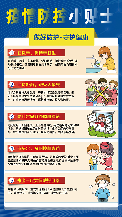 蓝色抗疫情防控防疫小贴士指南宣传海报