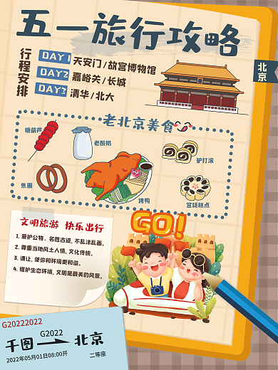 五一北京旅游美食手账攻略海报