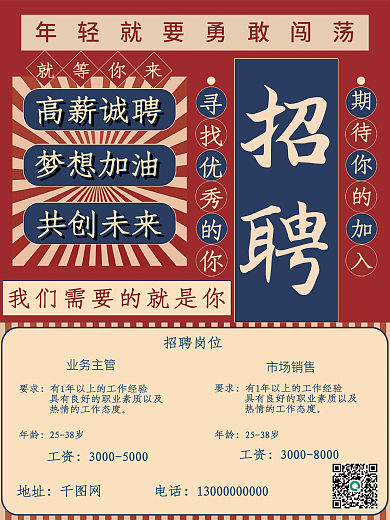 红色复古高薪招聘岗位海报广告