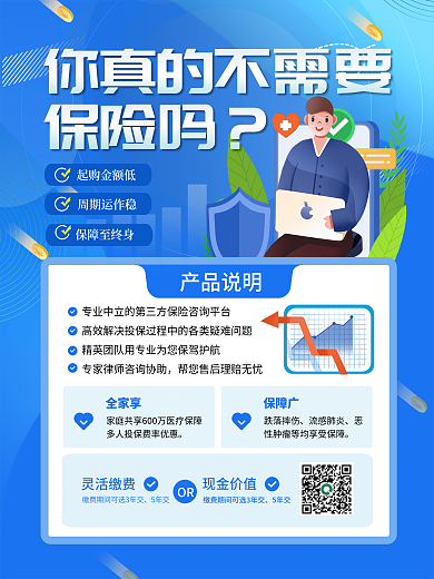 清新扁平风买保险重要性宣传海报