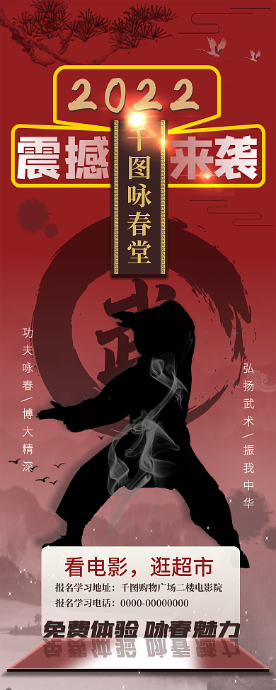中国风水墨武术功夫咏春拳海报展架易拉宝
