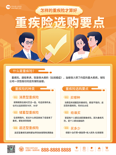 简约卡通重疾险选购要点金融保险理财海报