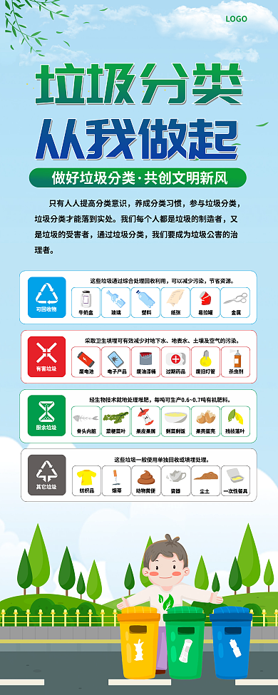 蓝色简约垃圾分类公益宣传易拉宝展架