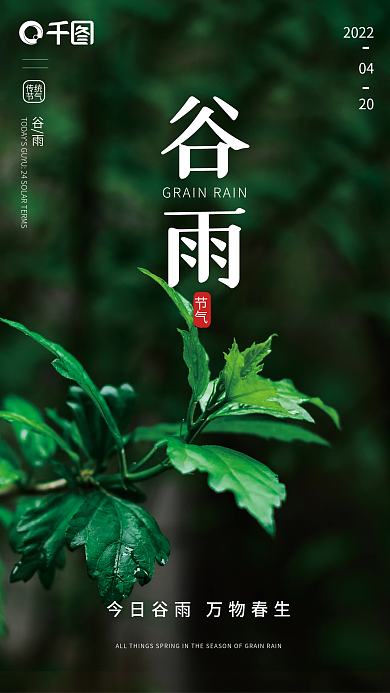 传统二十四节气绿色清新谷雨海报