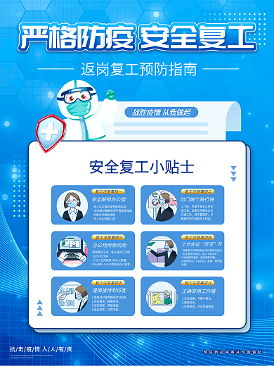 蓝色清新疫情防控复工指南宣传海报
