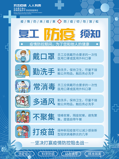 简约抗疫情防控复工须知通知戴口罩海报