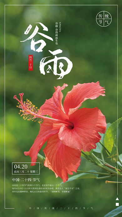 二十四节气谷雨红花绿色背景简约海报