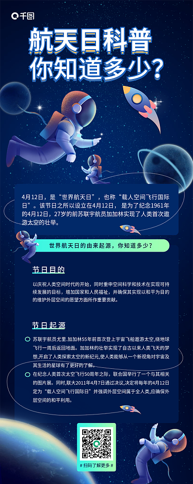 世界航天日科普插画风长图海报