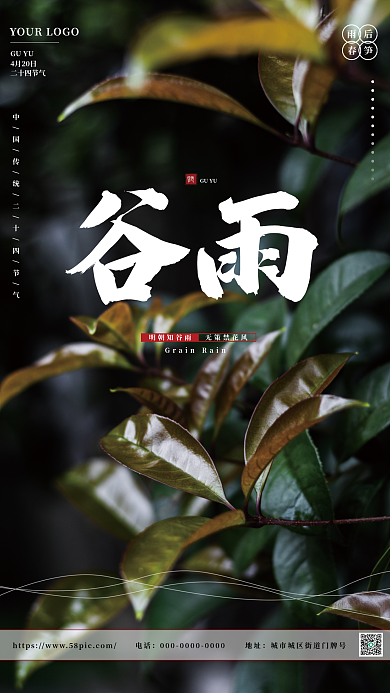 二十四节气国风深色谷雨海报