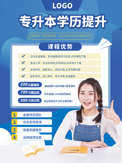 蓝色专升本招生促销海报