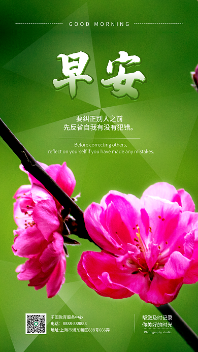 简约春天桃花早安问候朋友圈日签手机海报
