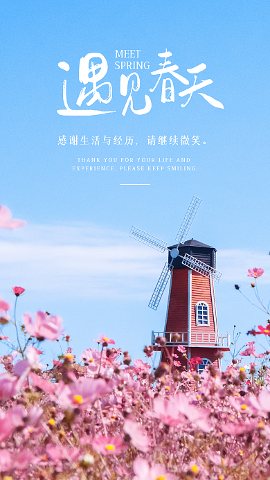 简约小清新蓝天花海风车励志朋友圈日签海报
