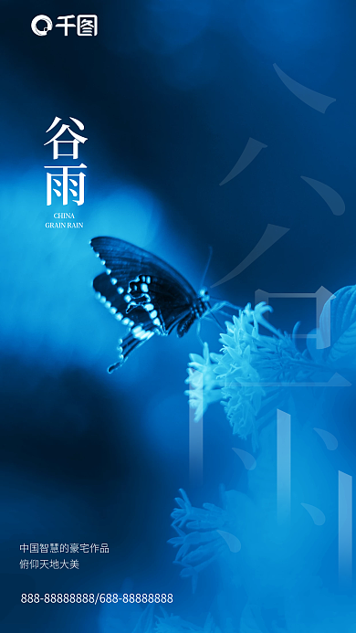 中国传统二十四节气谷雨蝴蝶蓝色系手机海报