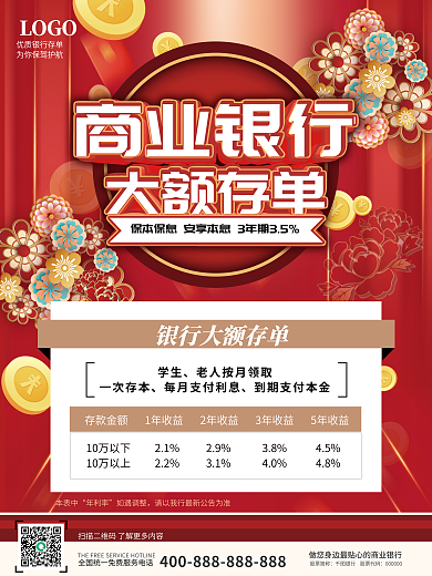 中国风红色喜庆金融银行大额存单商业海报
