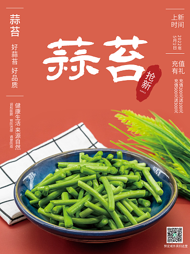 红底新鲜蒜苗销售海报