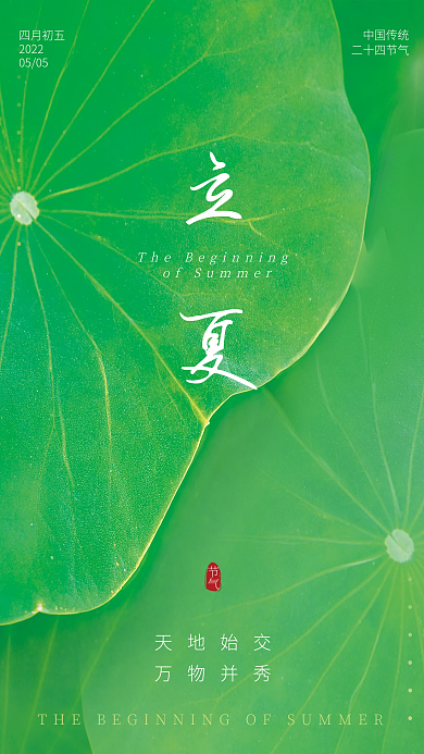 立夏夏至荷叶绿色二十四节气海报