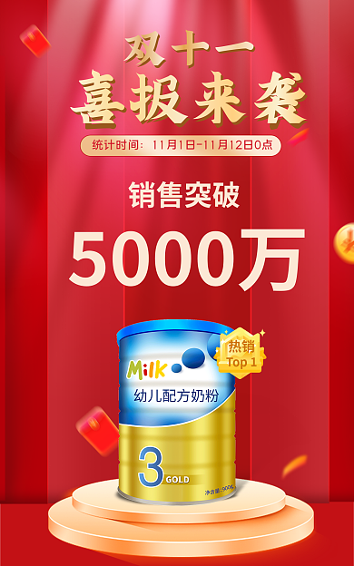 双十一销售喜报母婴奶粉红色喜庆电商海报
