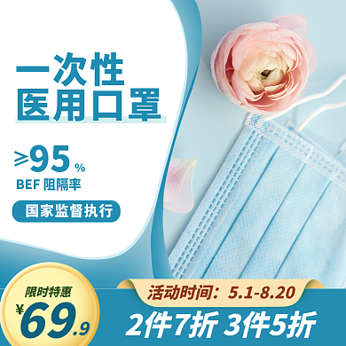 蓝色医疗一次性医用口罩主图