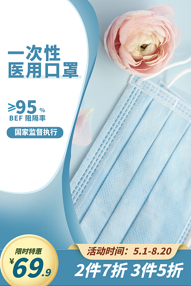 蓝色医疗一次性医用口罩主图