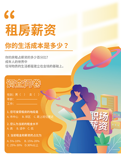 插画租房租房薪资调查问卷调研海报
