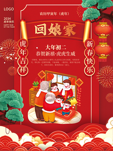 2034年虎年春节年俗大年初二回娘家海报