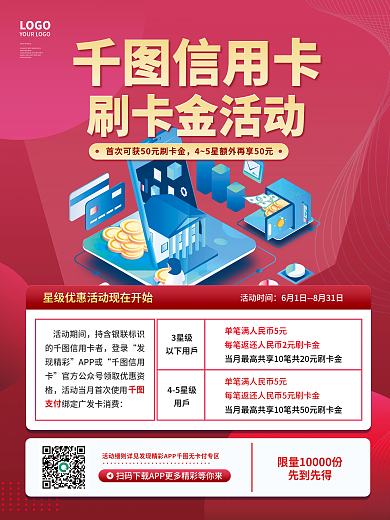 蓝色简约信用卡刷卡金活动信用卡消费享优惠宣传海报