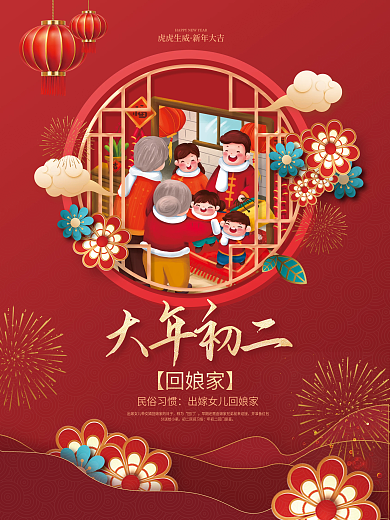 红色2023大年初二年俗传统节日回娘家